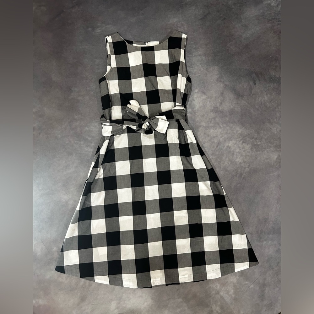 Ann Taylor Factory Black and White Gingham Tie-Waist A-line Midi Dress